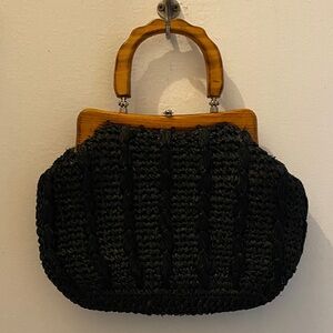 Vintage Black Woven Handbag with Wooden Handle